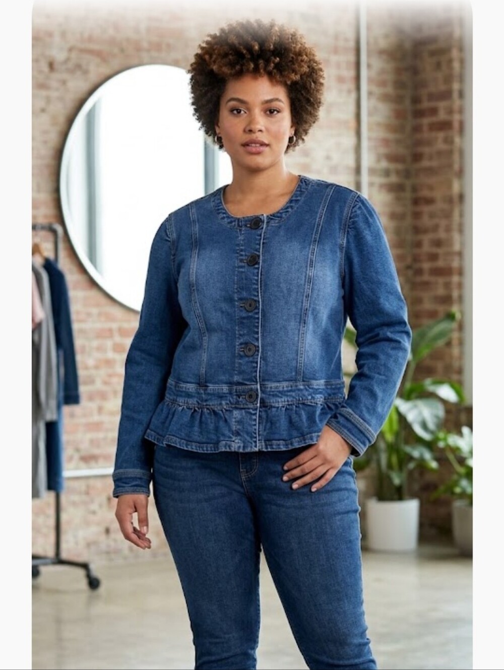 NWOT. American Eagle Collarless Peplum Ruffle Hem Denim Jacket Sz.XXL